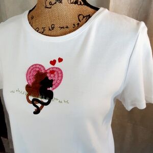 Valentine's Short Sleeve Embellished White Tee Cats & Hearts Sz S